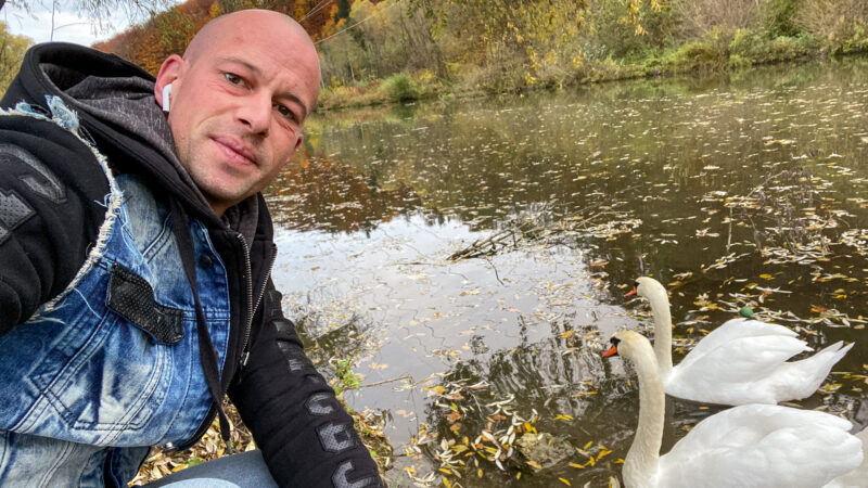 Fotografieren von Schwänen am Fluss im Herbst mit dem Smartphone