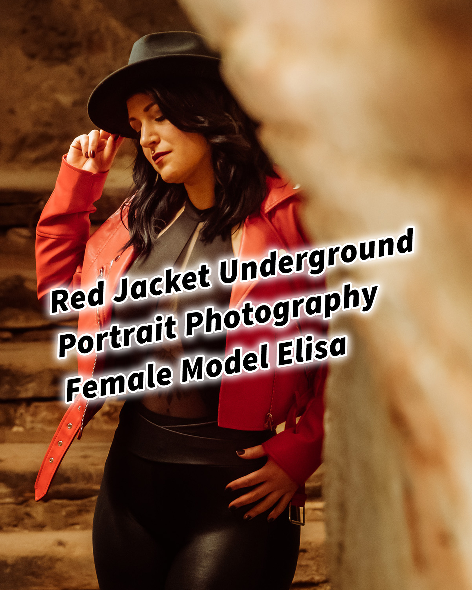 Red Jacket Underground Keller Gewölbe Portrait Photography Female Tattoo Model Elisa in Graz