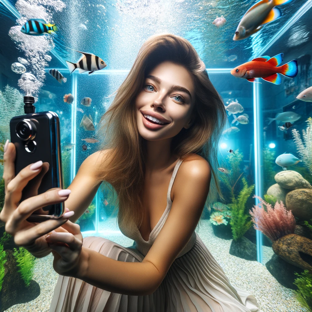 Unterwasser Portrait, Selfie und Fotografieren in einem Aquarium und einer Kamera oder Smartphone Zuhause oder im Fotostudio. Spannende und lustige Wasserfotos für Zuhause