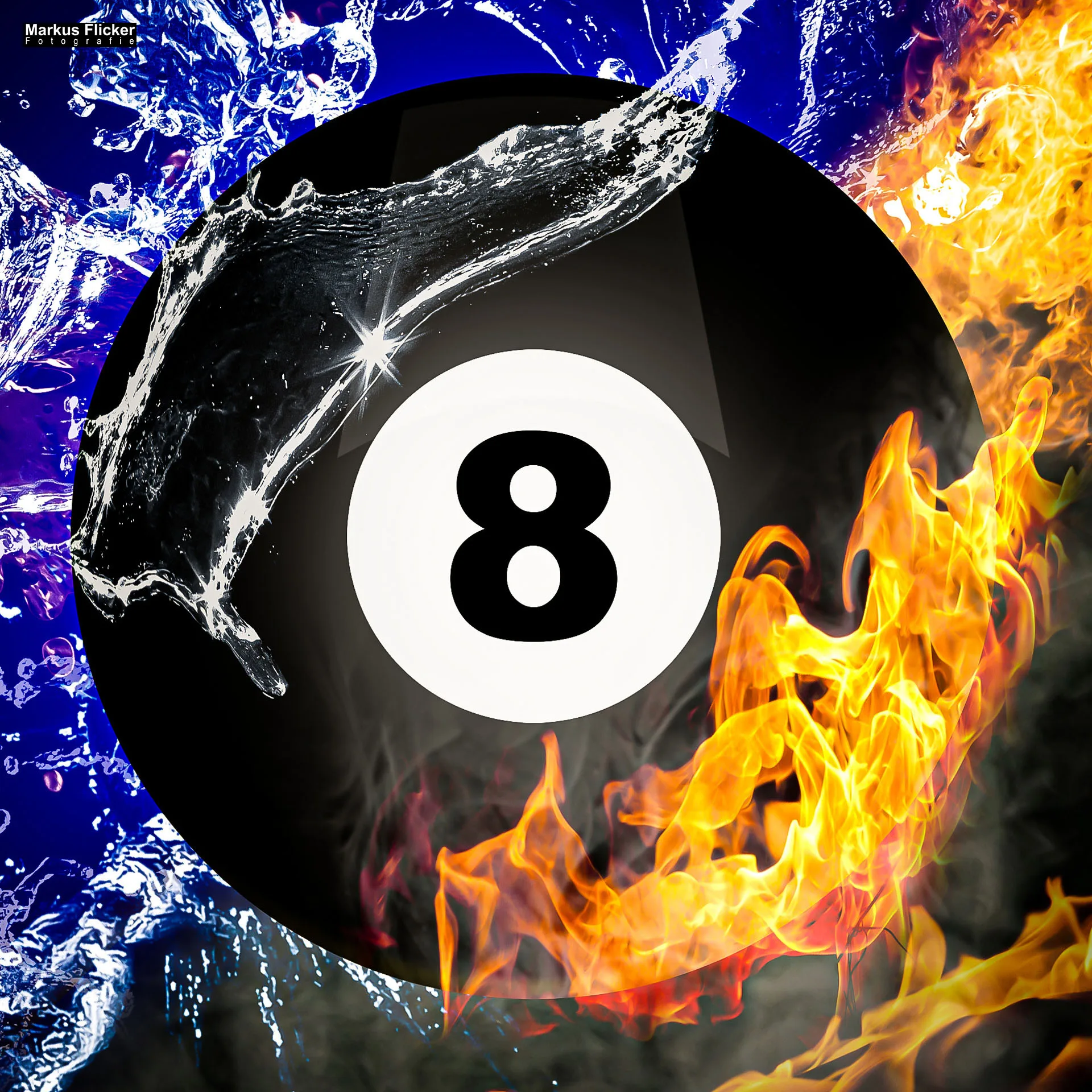 Billard Kugel schwarze Acht Feuer und Eis Bildbearbeitung Adobe Photoshop Compositing