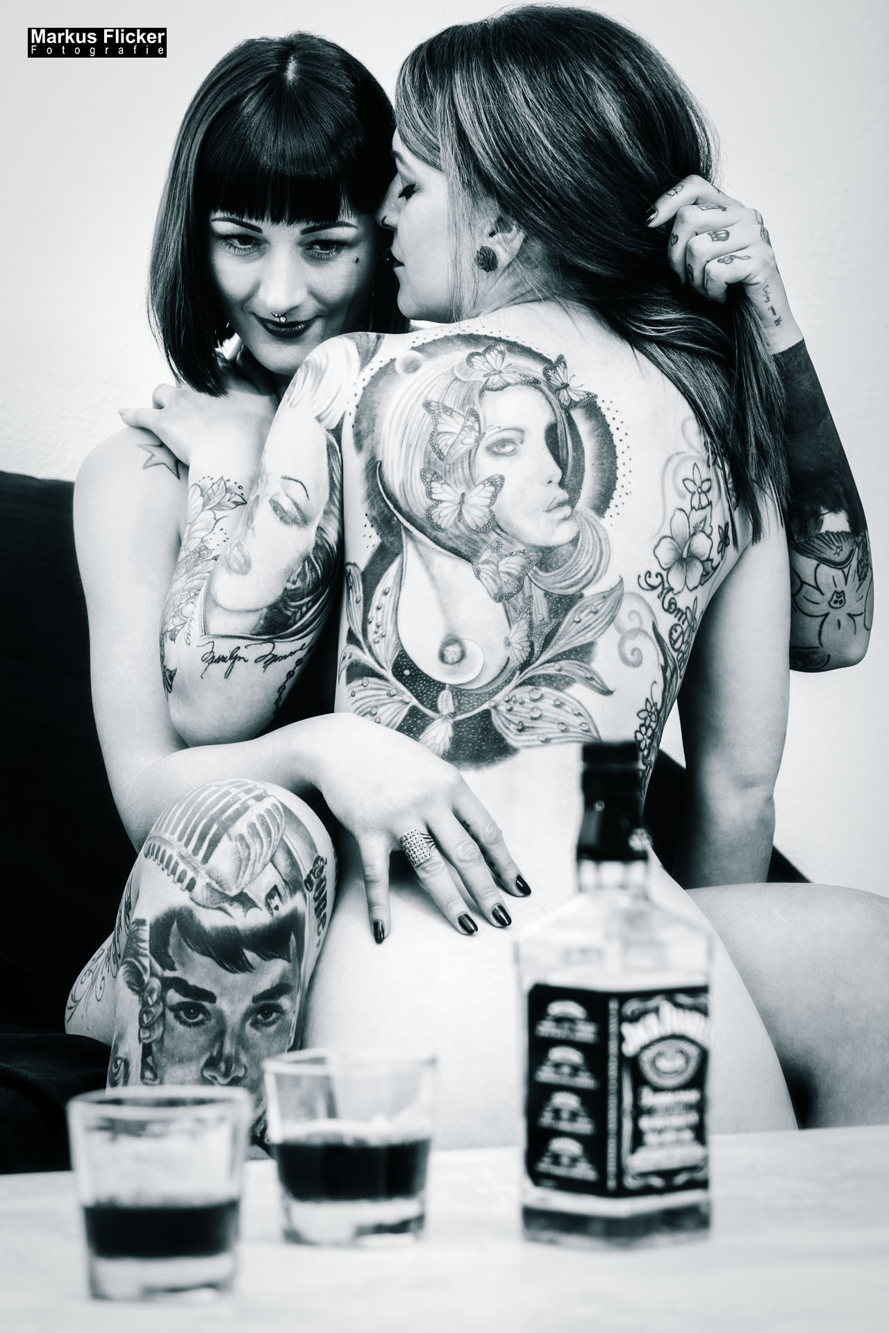 Erotic Art Two Girls And One Drink JackDaniels and Tattoo Girls