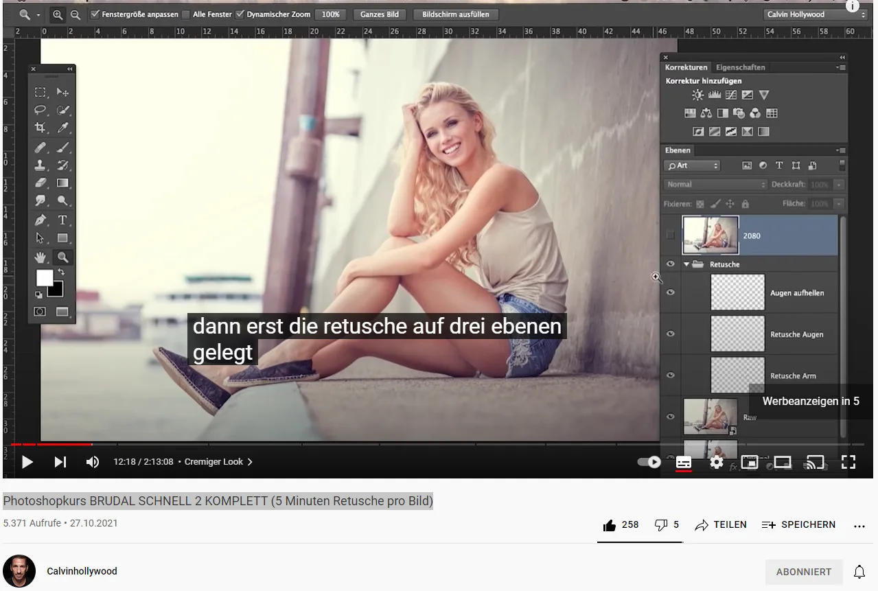 Mehr über den Artikel erfahren Photoshopkurs BRUDAL SCHNELL 2 KOMPLETT (5 Minuten Retusche pro Bild) Kostenloses YouTube Video von Calvin Hollywood