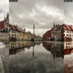 Spiegelung im Wasser der Pest Gedenksäule am Glavni trg Hauptplatz Maribor