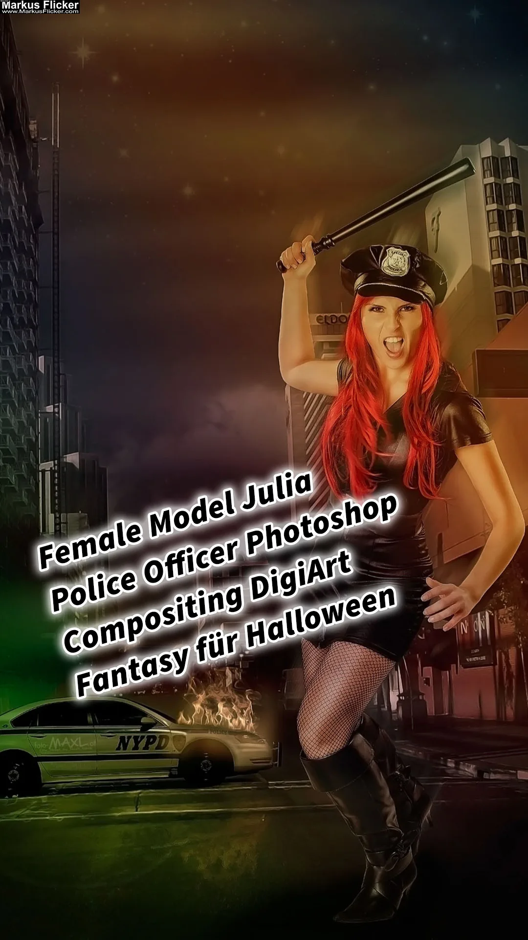 Mehr über den Artikel erfahren Female Model Julia Police Officer Photoshop Compositing DigiArt Fantasy Fotoshooting für Halloween und Bildbearbeitung inkl. 25 kreative Fotoideen
