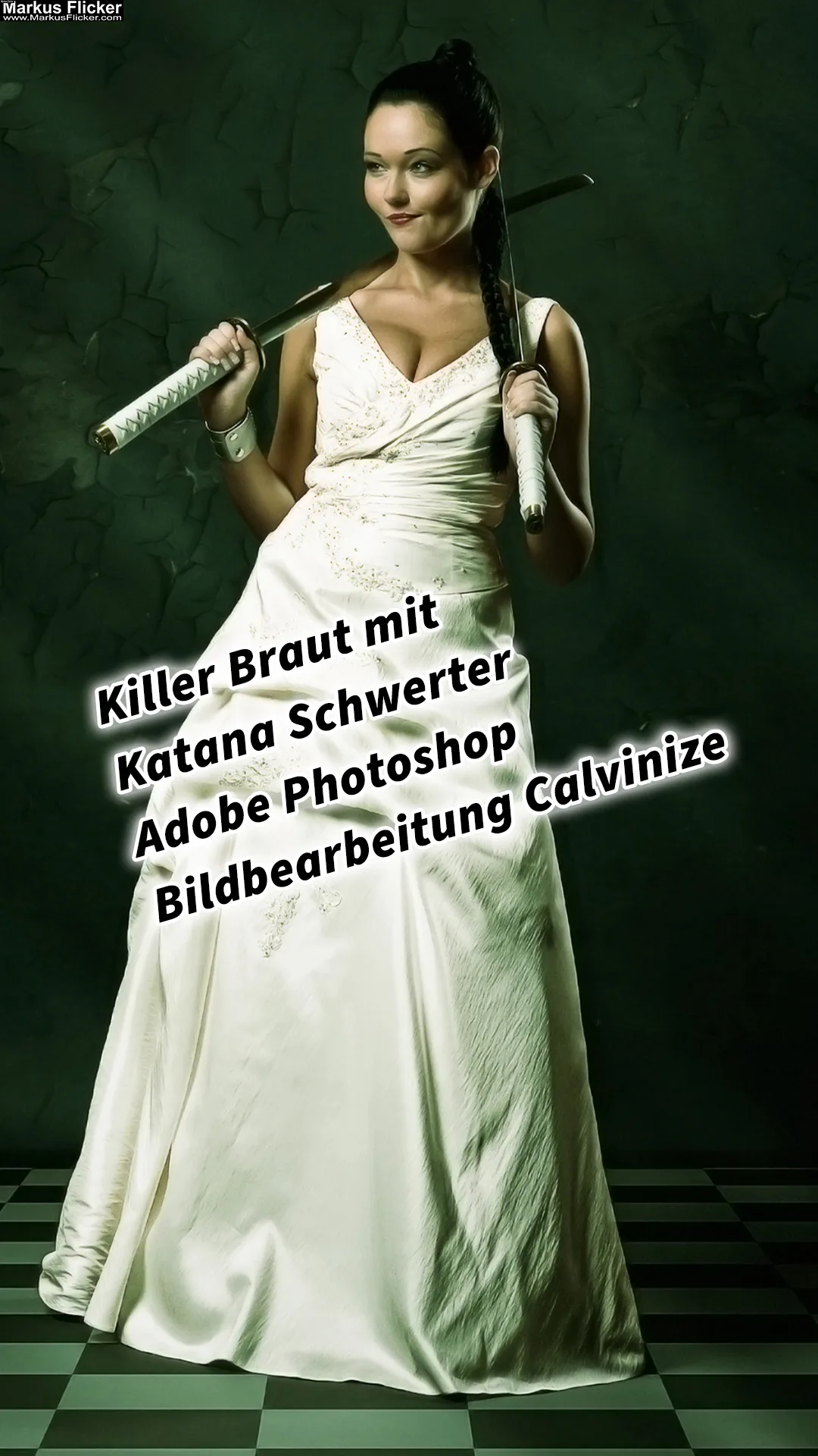 Mehr über den Artikel erfahren Killer Braut mit Katana Schwerter Adobe Photoshop Bildbearbeitung Calvinize