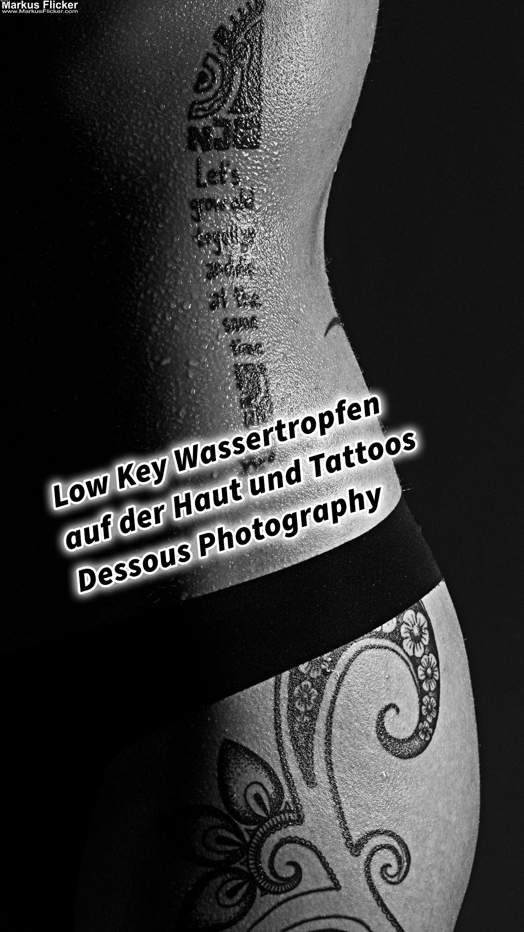 Low Key Wassertropfen auf der Haut und Tattoos Dessous Photography