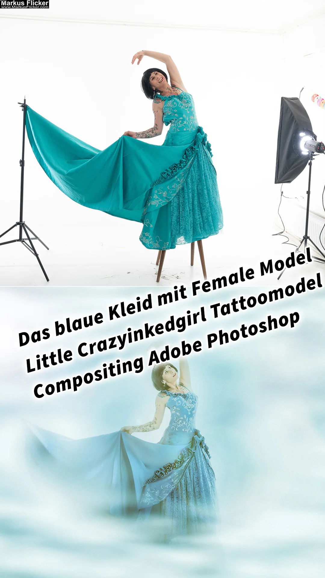 Mehr über den Artikel erfahren Das blaue Kleid mit Female Model Little Crazyinkedgirl Tattoomodel Compositing Adobe Photoshop inkl. 37 Fototipps und Bildideen