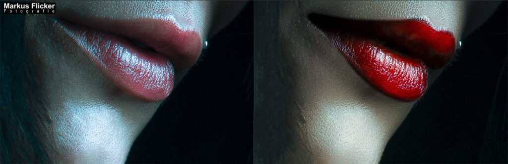 Bildbearbeitung, Postproduktion, DigiArt und Retusche von Fotos. Rote Lippen Portrait Retusche