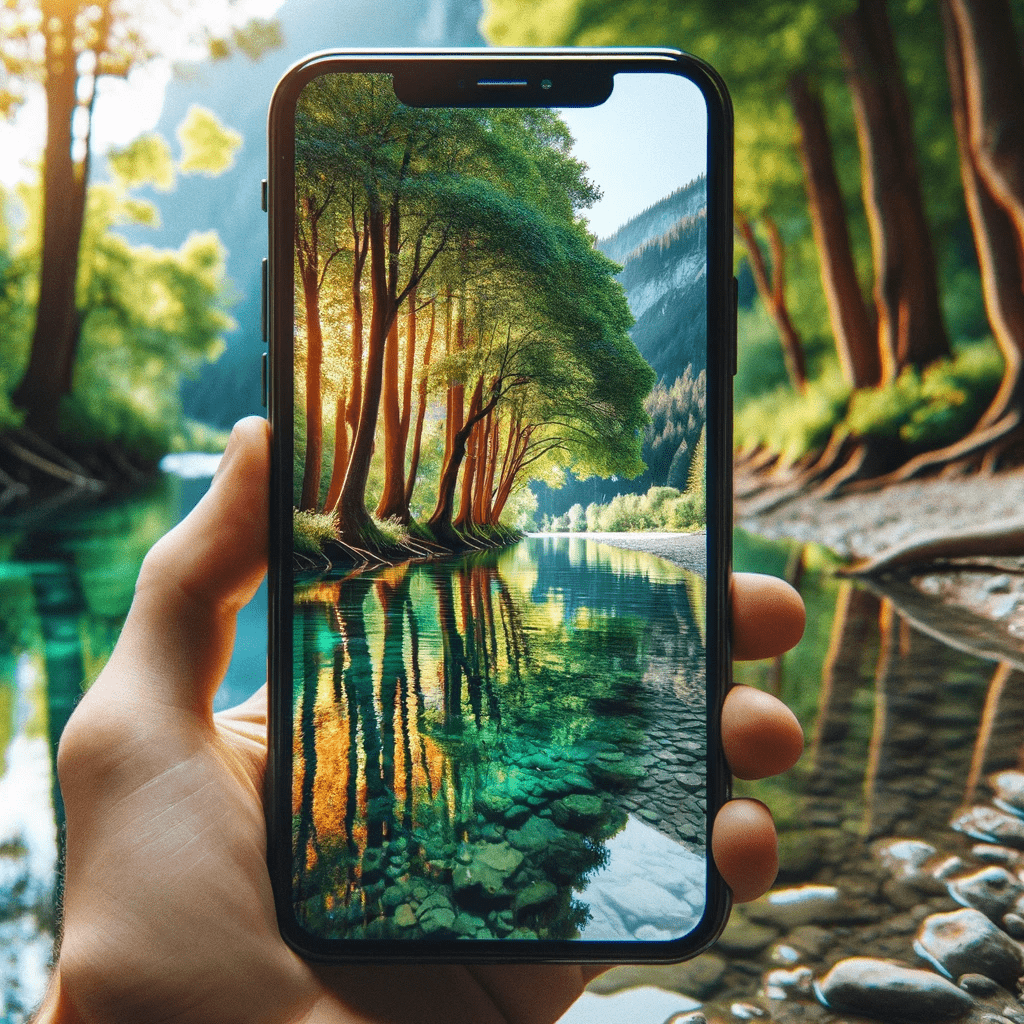 Bäume im Fluss mit Spiegelung auf dem Wasser Foto auf dem iOS Smartphone Handy Phone bearbeitet. Fotografieren und Filmen mit dem Smartphone: Bessere Fotos und Videos mit dem Handy für Freizeit, Hobby und Business