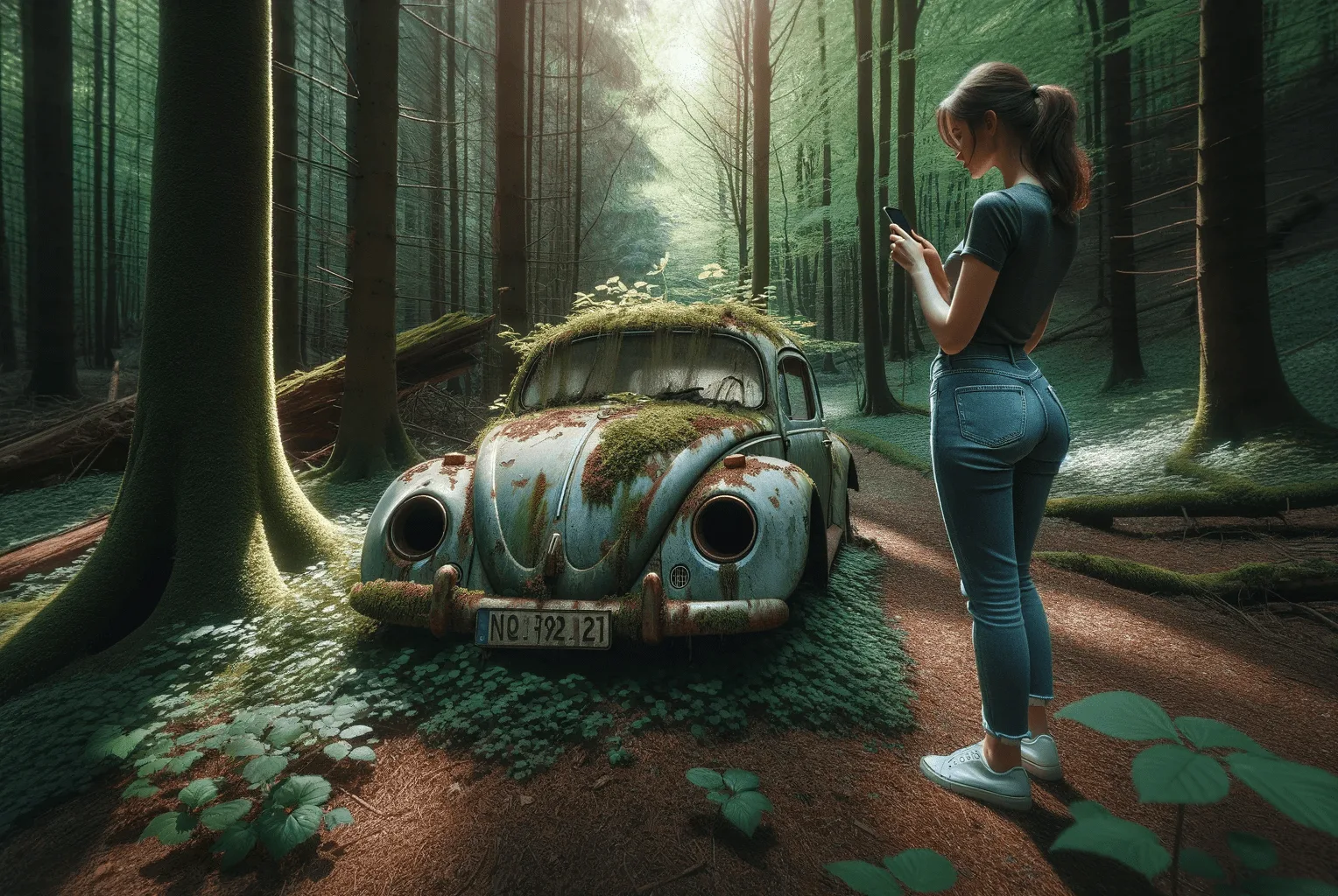 Mehr über den Artikel erfahren Ein VW Käfer im Wald Lost Places Auto in der Natur mit dem Smartphone fotografiert inkl. 37 Fototipps und Bildideen