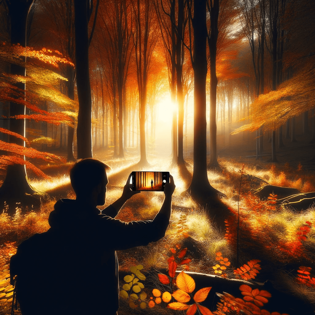 Gegenlichtfoto im Herbstwald auf einer Lichtung. Fotografieren und Filmen mit dem Smartphone: Bessere Fotos und Videos mit dem Handy für Freizeit, Hobby und Business