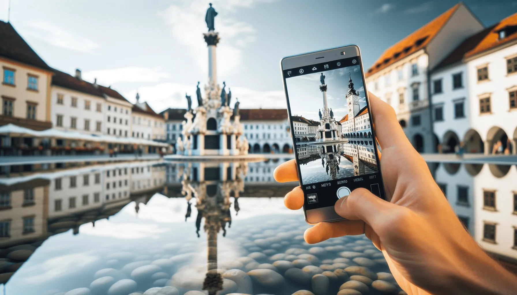 Mehr über den Artikel erfahren Spiegelungen im Wasser fotografieren und filmen mit dem Smartphone der Pest Gedenksäule am Glavni trg Hauptplatz Maribor. Fotografieren und Filmen mit dem Smartphone für Fotos und Videos: Smartphone-Fotografie: Profi-Tipps mit dem Handy für Freizeit, Hobby und Business