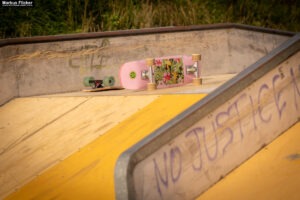 Fotoshooting mit Skateboard und Longboard: Weibliches Model Andrea im Herbst im Skatepark