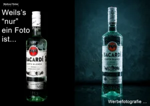 Warum Produktfotos mehr sind als nur Bilder. Beispiel Bacardi Flasche mit Wassertropfen