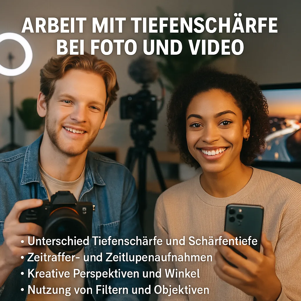 Arbeit mit Tiefenschärfe bei Foto und Video. Unterschied Tiefenschärfe und Schärfentiefe. Zeitraffer- und Zeitlupenaufnahmen. Kreative Perspektiven und Winkel. Nutzung von Filtern und Objektiven.