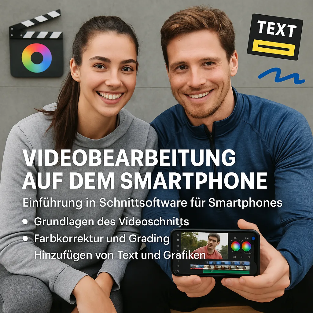 Videobearbeitung auf dem Smartphone. Einführung in Schnittsoftware für Smartphones. Grundlagen des Videoschnitts. Farbkorrektur und Grading. Hinzufügen von Text und Grafiken