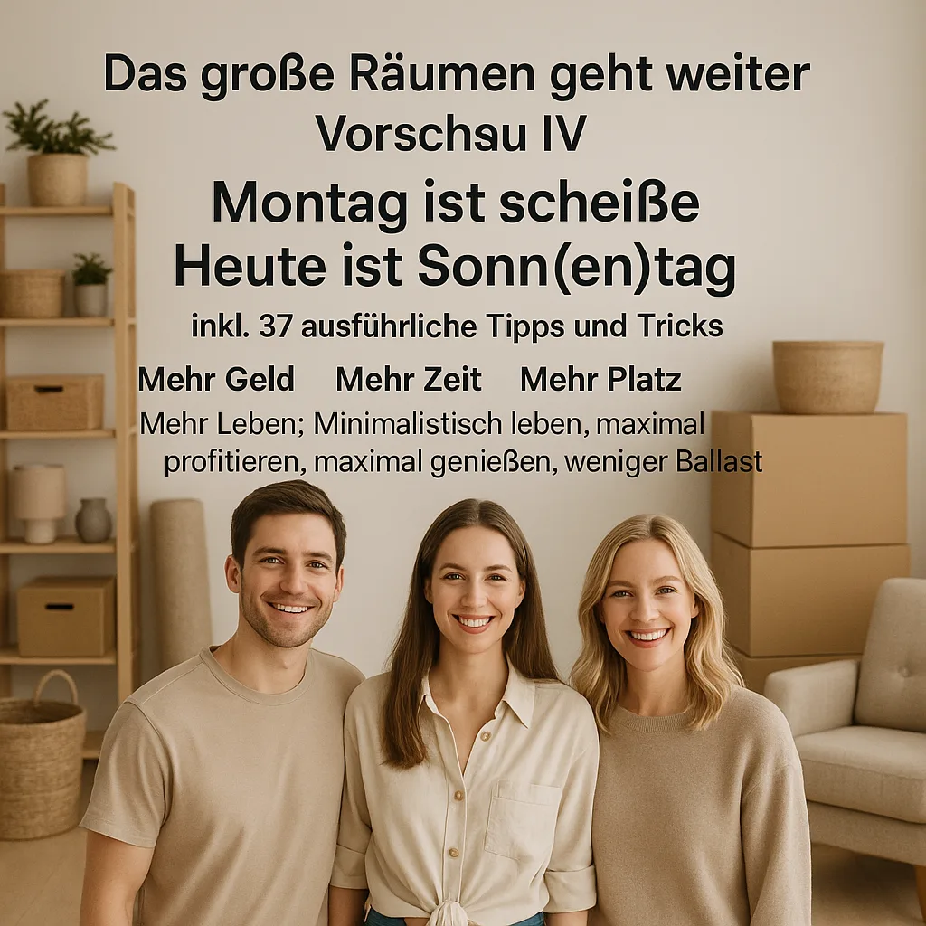 Das große Räumen geht weiter Vorschau IV / Montag ist scheiße / Heute ist Sonn(en)tag inkl. 37 ausführliche Tipps und Tricks. Minimalismus Mehr Geld Mehr Zeit Mehr Platz Mehr Leben: Minimalistisch leben, maximal profitieren, maximal genießen, weniger Ballast
