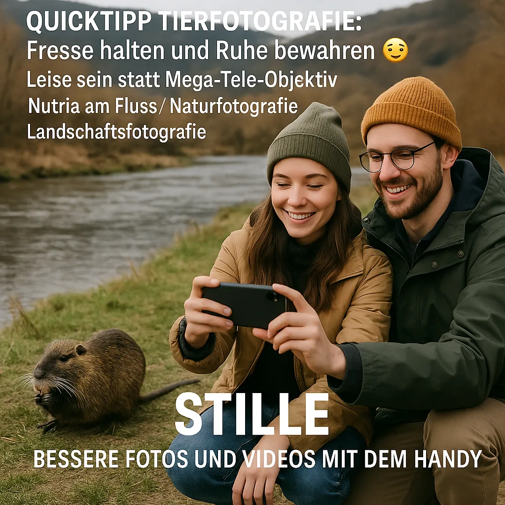 Quicktipp Tierfotografie: Fresse halten und Ruhe bewahren ;) Leise sein statt Mega Tele Objektiv / Nutria am Fluss / Naturfotografie Landschaftsfotografie. Fotografieren und Filmen mit dem Smartphone: Bessere Fotos und Videos mit dem Handy für Freizeit, Hobby und Business