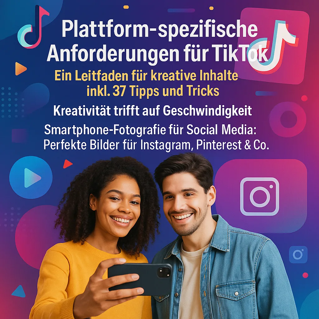Plattform-spezifische Anforderungen für TikTok: Ein Leitfaden für kreative Inhalte inkl. 37 Tipps und Tricks. Kreativität trifft auf Geschwindigkeit. Smartphone-Fotografie für Social Media: Perfekte Bilder für Instagram, Pinterest & Co. Smart und kreativ.