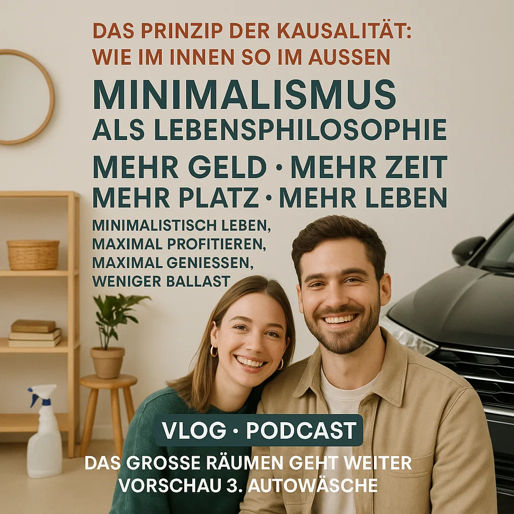Das Prinzip der Kausalität: Wie im Innen so im Außen. Minimalismus als Lebensphilosophie. Minimalismus Mehr Geld Mehr Zeit Mehr Platz Mehr Leben: Minimalistisch leben, maximal profitieren, maximal genießen, weniger Ballast. Vlog Podcast: Das große Räumen geht weiter Vorschau 3. Autowäsche.