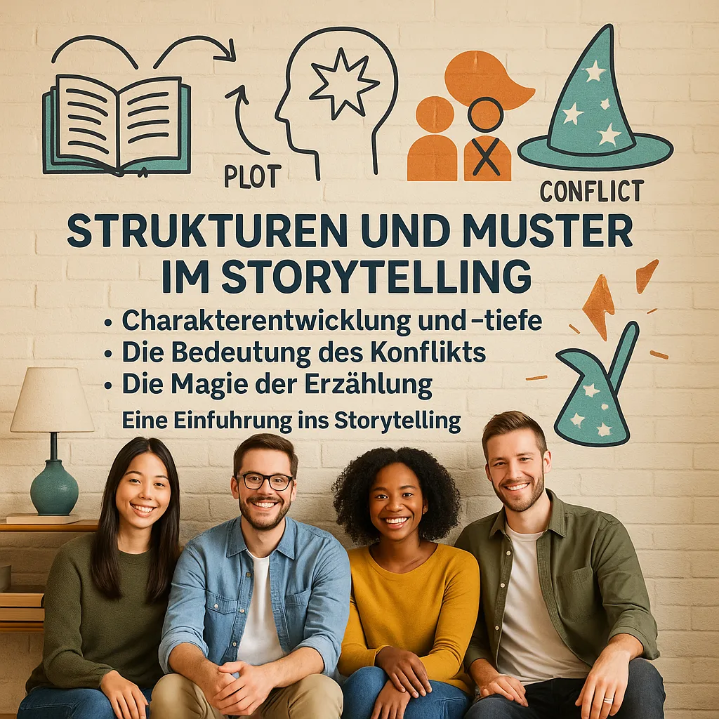 Strukturen und Muster im Storytelling. Charakterentwicklung und -tiefe. Die Bedeutung des Konflikts. Die Magie der Erzählung, eine Einführung ins Storytelling. Anwendung, Wirkung und warum Geschichten uns fesseln