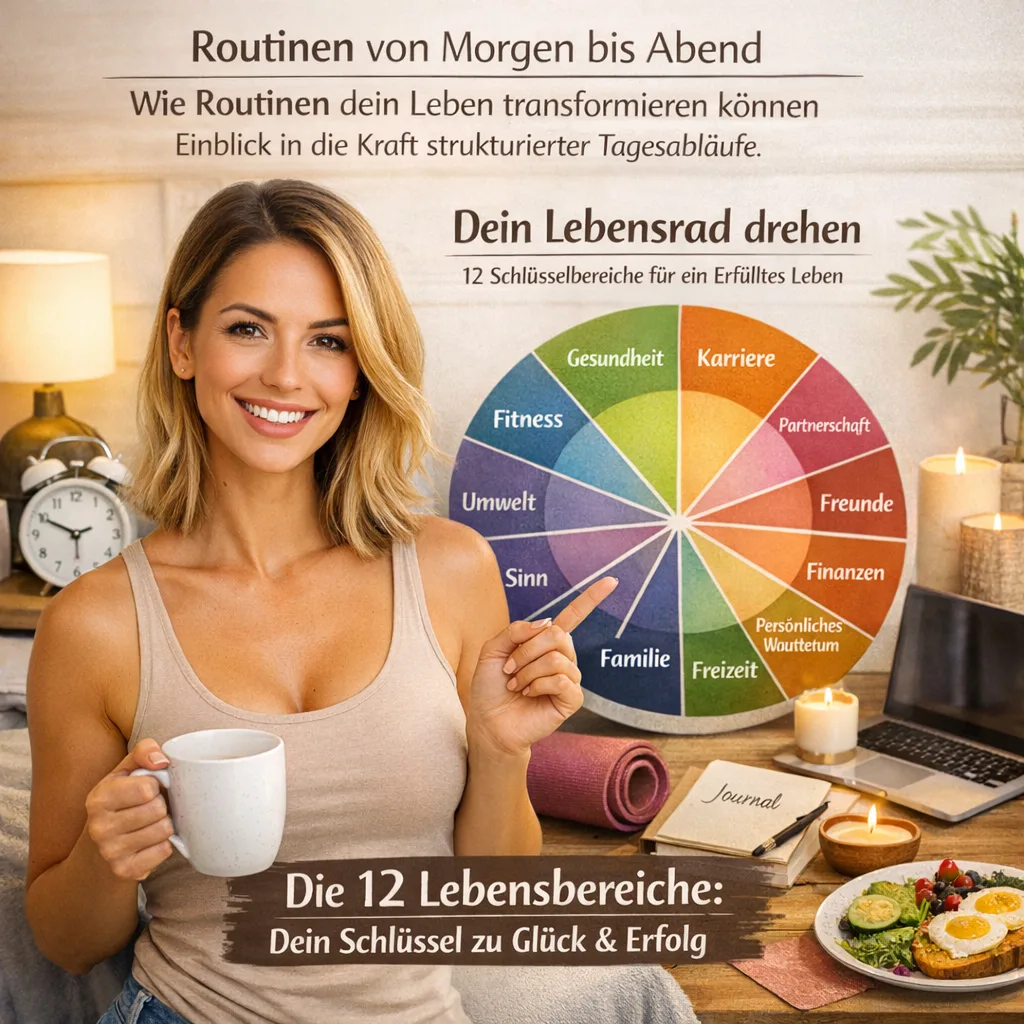 Mehr über den Artikel erfahren Routinen und Gewohnheiten von Morgen bis Abend. Wie Routinen dein Leben transformieren können. Einblick in die Kraft strukturierter Tagesabläufe. Dein Lebensrad drehen: 12 Schlüsselbereiche für ein Erfülltes Leben: Die 12 Lebensbereiche: Dein Schlüssel zu Glück und Erfolg