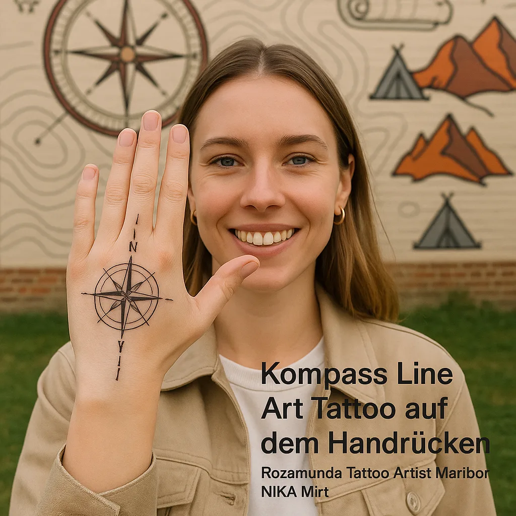 Mehr über den Artikel erfahren Kompass Tattoo auf dem Handrücken. Rozamunda Tattoo Artist Maribor Nuša ❀ Tattoo Artist