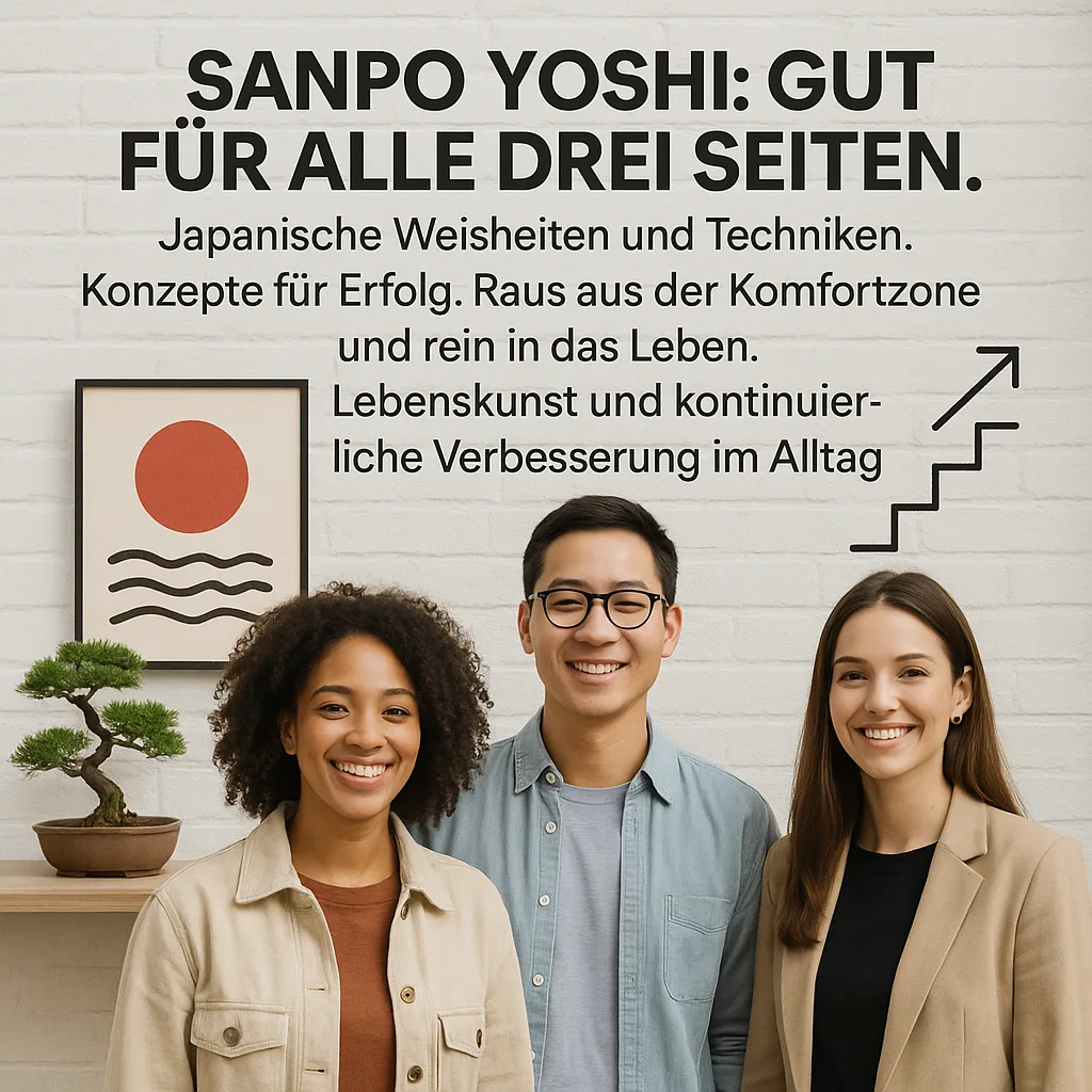 3 Säulen des Sanpo Yoshi: gut für alle drei Seiten. Japanische Weisheiten und Techniken. Konzepte für Erfolg. Raus aus der Komfortzone und rein in das Leben. Lebenskunst und kontinuierliche Verbesserung im Alltag.