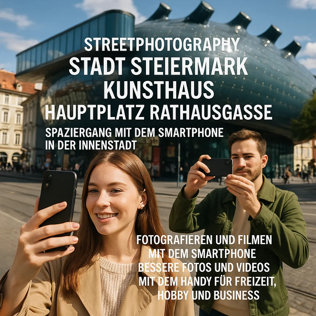 Streetphotography Stadt Steiermark Kunsthaus Hauptplatz Rathausgasse. Spaziergang mit dem Smartphone in der Innenstadt