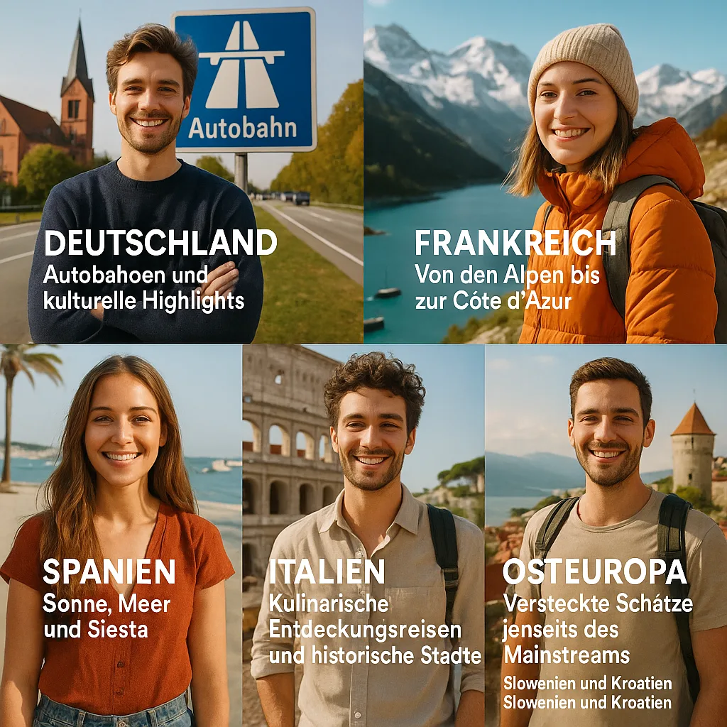 Länder und ihre Besonderheiten. Deutschland Autobahnen und kulturelle Highlights. Frankreich Von den Alpen bis zur Côte d'Azur. Spanien Sonne, Meer und Siesta. Italien Kulinarische Entdeckungsreisen und historische Städte. Skandinavien: Wildnis, Fjorde und Mitternachtssonne. Osteuropa: Versteckte Schätze jenseits des Mainstreams. Slowenien und Kroatien