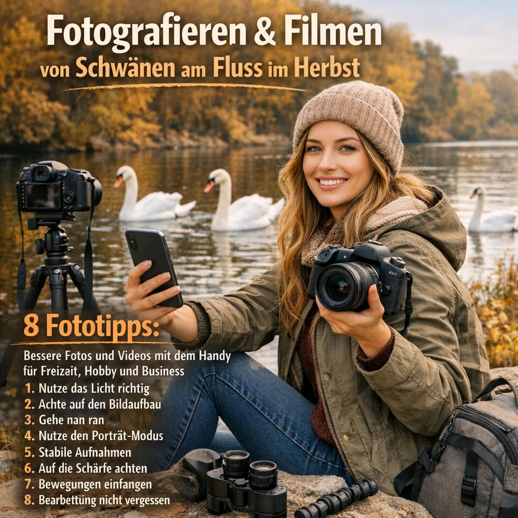 Mehr über den Artikel erfahren Fotografieren und Filmen von Schwänen am Fluss im Herbst mit der Kamera und dem Smartphone inkl. 8 Fototipps. Fotografieren und Filmen mit dem Smartphone: Bessere Fotos und Videos mit dem Handy für Freizeit, Hobby und Business
