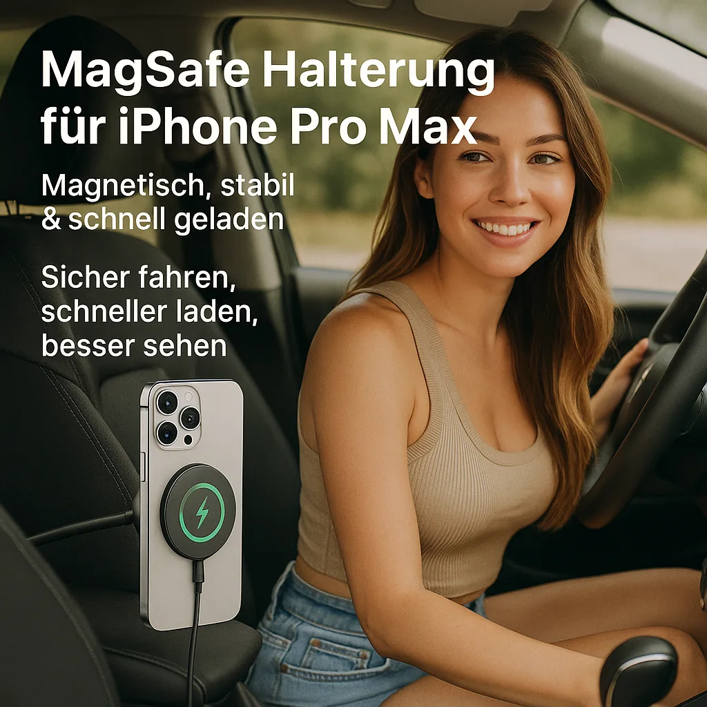 Mehr über den Artikel erfahren MagSafe Smartphone Halterung für iPhone Pro Max – Magnetisch, stabil & schnell geladen. Sicher fahren, schneller laden, besser sehen.