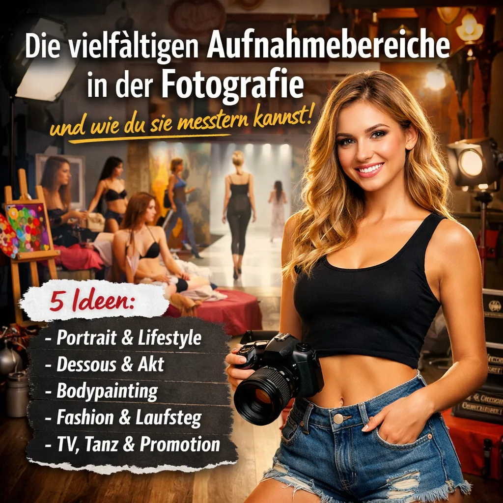 Mehr über den Artikel erfahren Die vielfältigen Aufnahmebereiche in der Fotografie und wie du sie meistern kannst inkl. 5 Ideen. Portrait, Lifestyle, Dessous, Akt, Bodypainting, Theater, Laufsteg, Fashion, Bademode, Teilakt, Fetisch, Fernsehen, Tanz, Promotion
