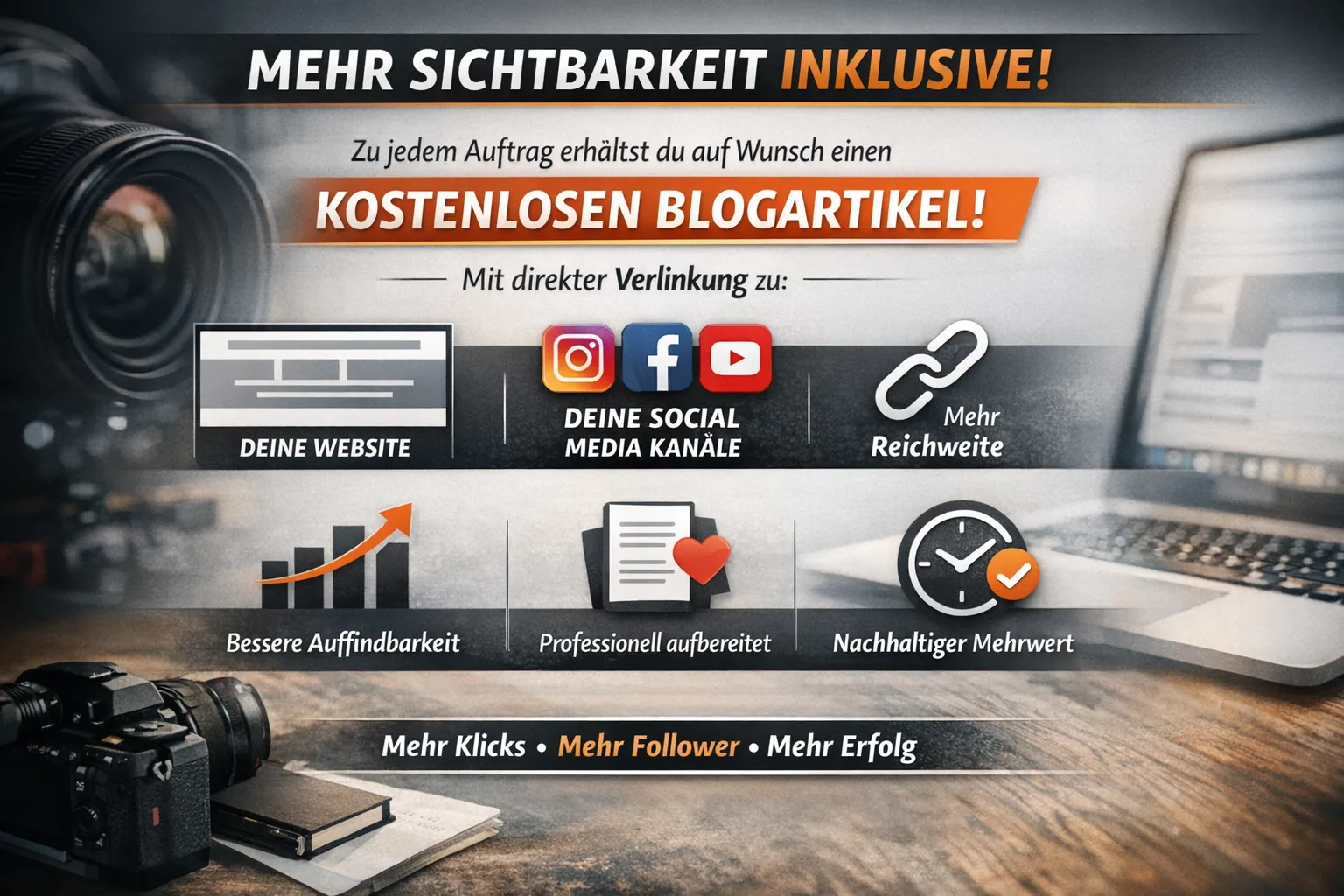 Mehr Sichtbarkeit kostenlos inklusive zu jedem Auftrag. Blogartikel, Social Media, Youtube, Pinterest uvw...