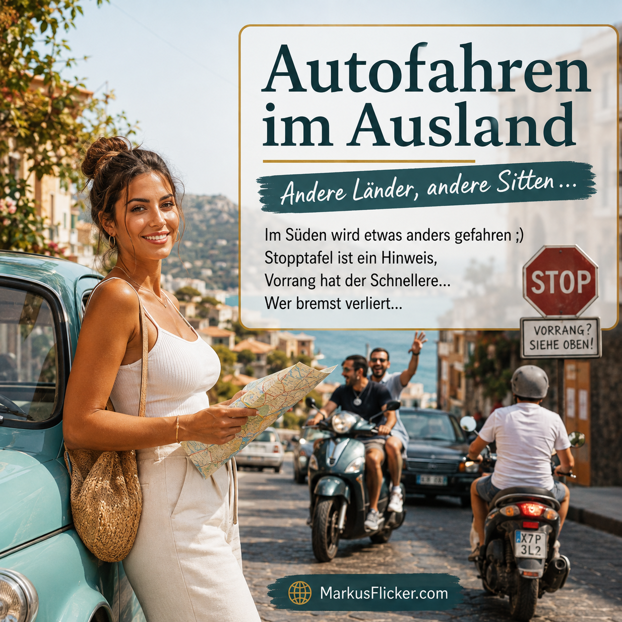 Mehr über den Artikel erfahren Autofahren im Ausland, oder andere Länder, andere Sitten… Im Süden wird etwas anders gefahren ;) Stopptafel ist ein Hinweis und Vorrang hat der Schnellere… Wer bremst verliert…
