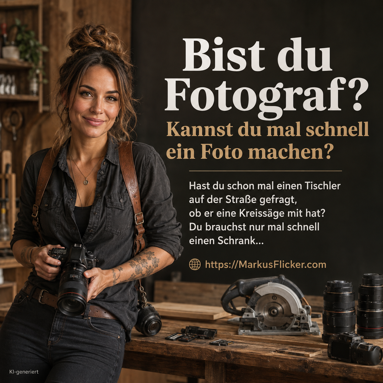 Bist du Fotograf? Kannst du mal schnell ein Foto machen? Hast du schon mal einen Tischler auf der Straße gefragt, ob er eine Kreissäge mit hat? Du brauchst nur mal schnell einen Schrank... Bist du Fotograf? Kannst du mal schnell ein Foto machen? Hast du schon mal einen Tischler auf der Straße gefragt, ob er eine Kreissäge mit hat? Du brauchst nur mal schnell einen Schrank...