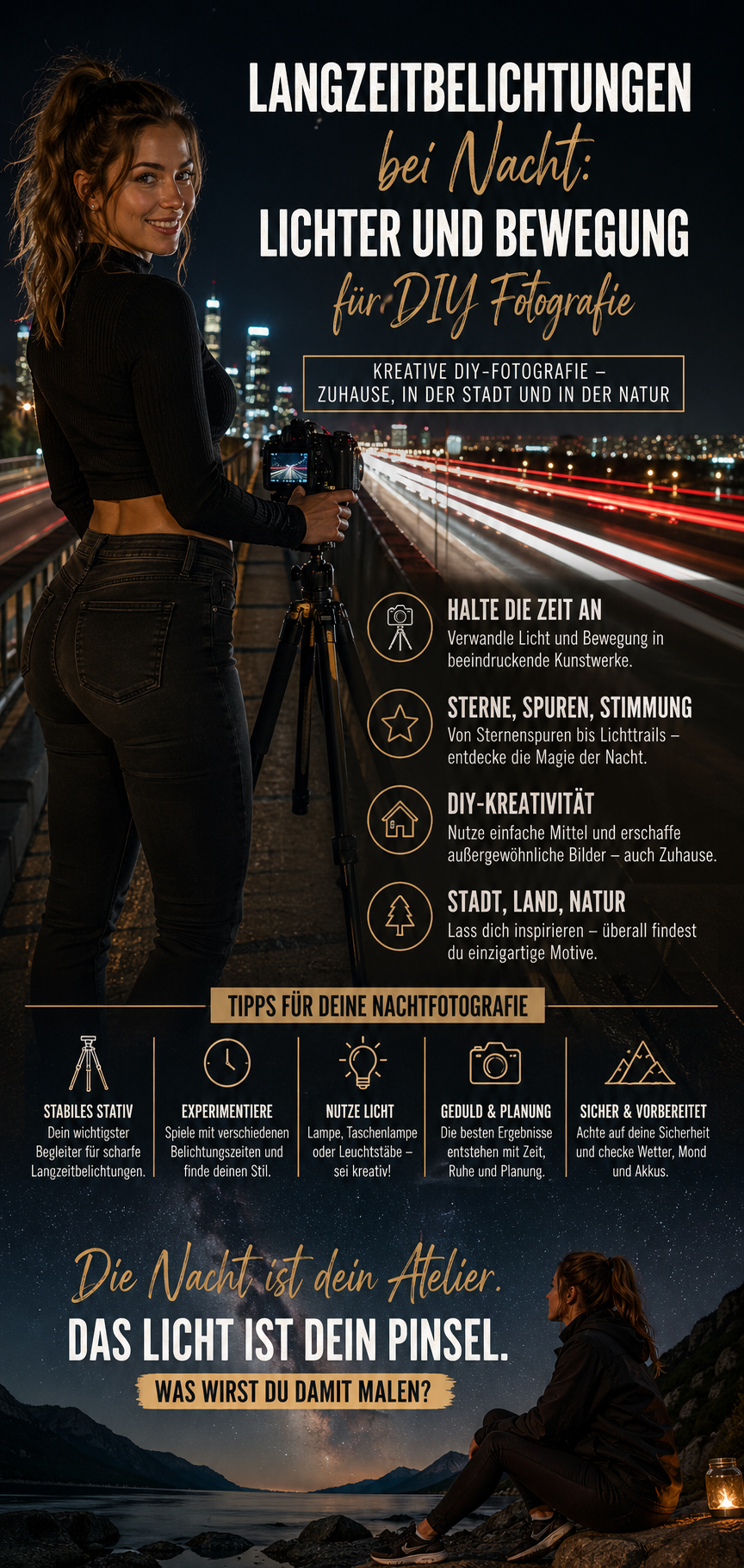 Langzeitbelichtungen bei Nacht: Lichter und Bewegung für DIY Fotografie. Kreative DIY-Fotografie – Zuhause, in der Stadt und in der Natur