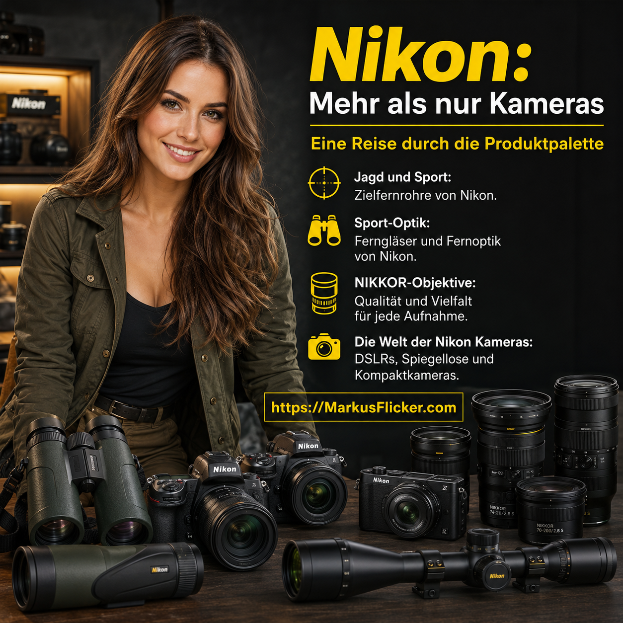 Nikon: Mehr als nur Kameras - Eine Reise durch die Produktpalette. Jagd und Sport: Zielfernrohre von Nikon. Sport-Optik: Ferngläser und Fernoptik von Nikon. NIKKOR-Objektive: Qualität und Vielfalt für jede Aufnahme. Die Welt der Nikon Kameras: DSLRs, Spiegellose und Kompaktkameras.