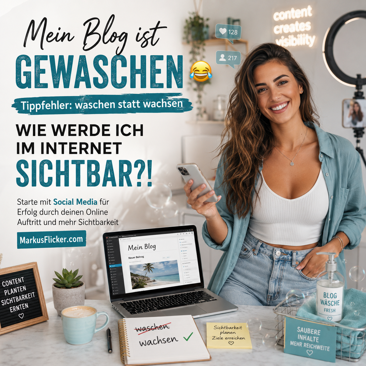 Mehr über den Artikel erfahren Mein Blog ist gewaschen 😂 Tippfehler waschen statt wachsen. Wie werde ich im Internet sichtbar?!