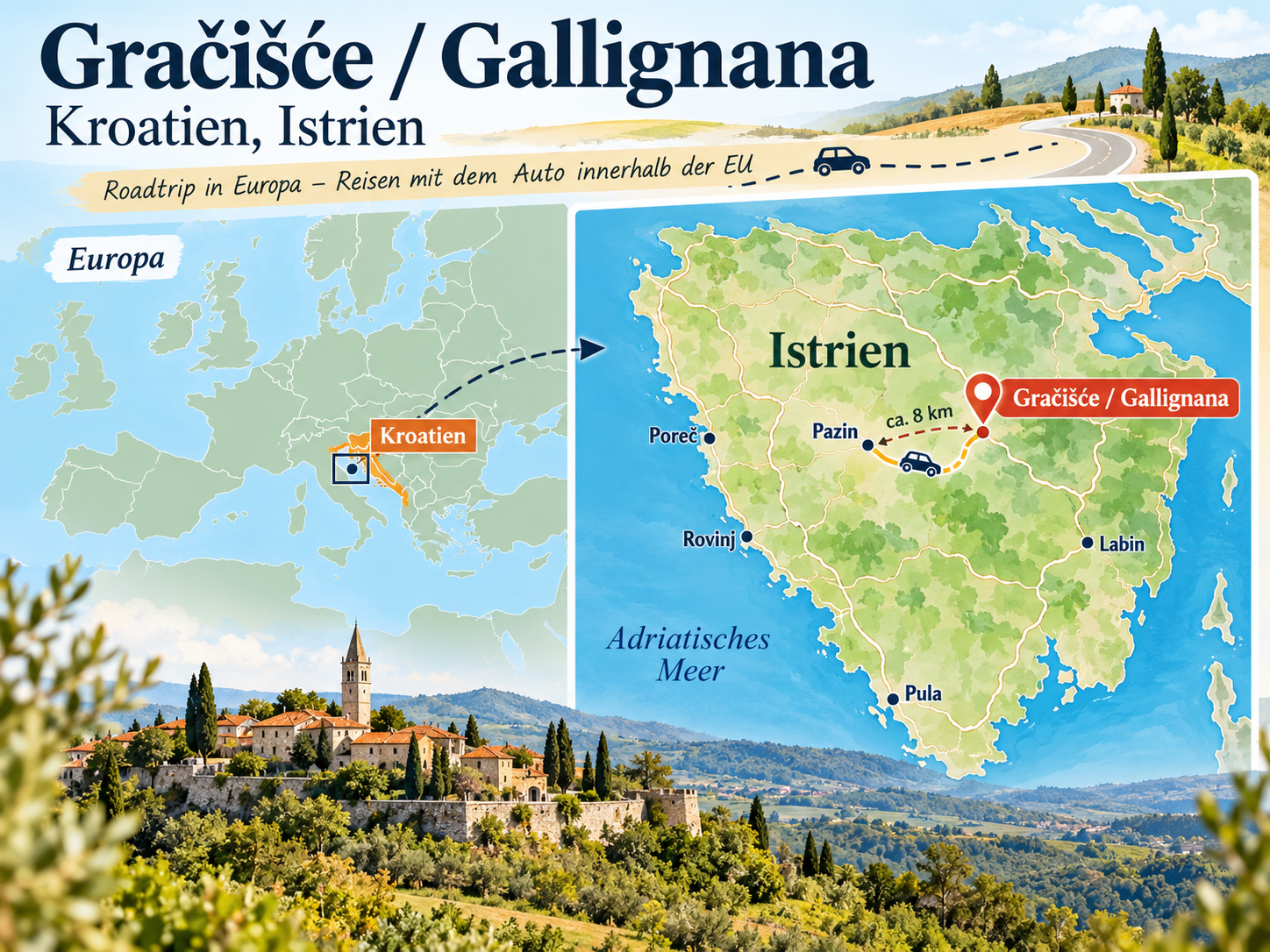 Gračišće Gallignana Kroatien Istrien Roadtrip in Europa. Reisen mit dem Auto innerhalb der EU