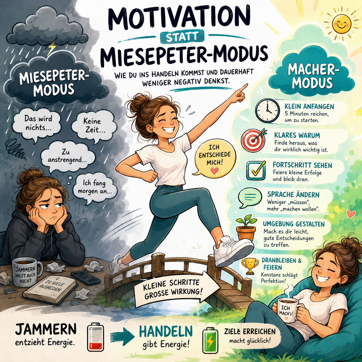 Motivation statt Miesepeter-Modus: Wie du ins Handeln kommst und dauerhaft weniger negativ denkst Motivation statt Miesepeter-Modus: Wie du ins Handeln kommst und dauerhaft weniger negativ denkst