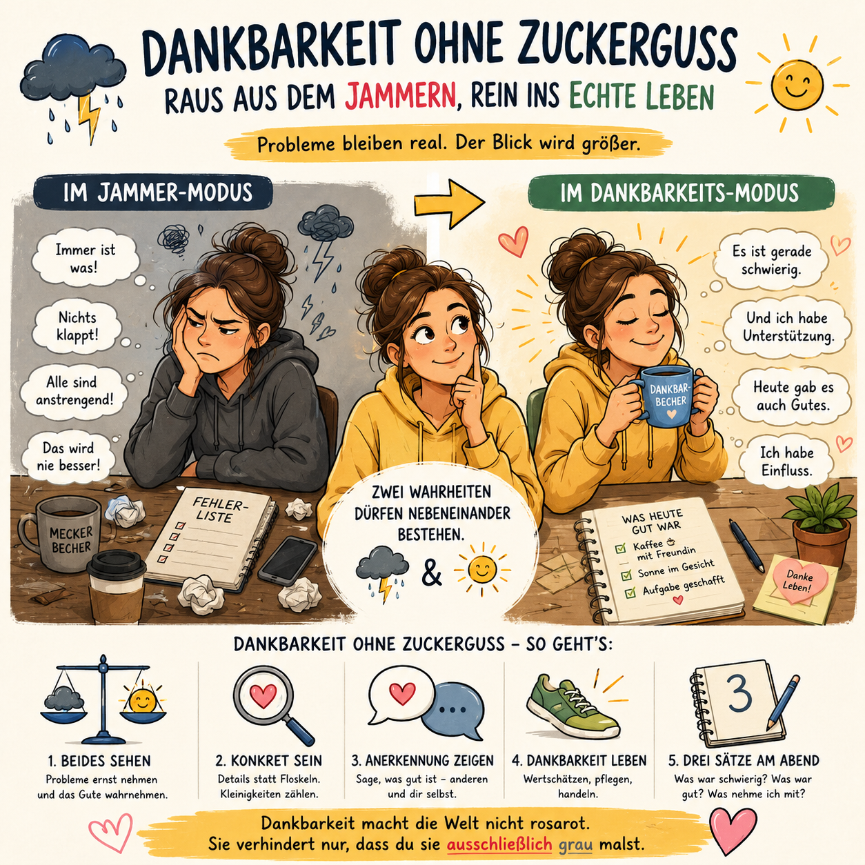 Dankbarkeit ohne Zuckerguss: Raus aus dem Jammern, rein ins echte Leben Dankbarkeit ohne Zuckerguss: Raus aus dem Jammern, rein ins echte Leben