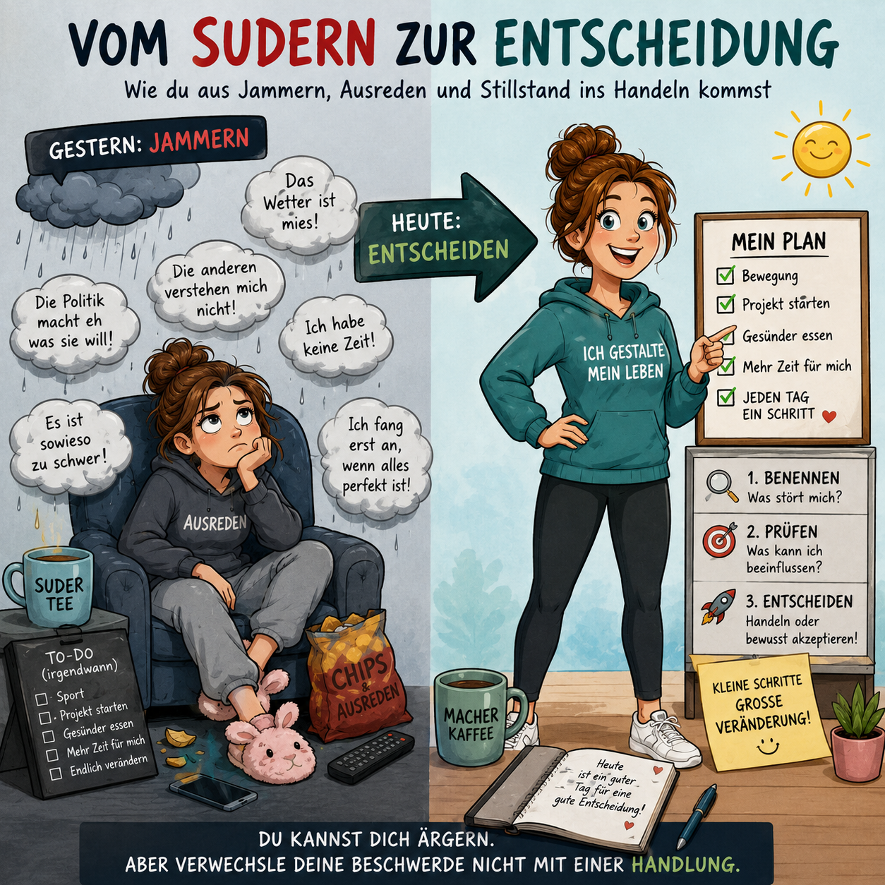 Vom Sudern zur Entscheidung: Wie du aus Jammern, Ausreden und Stillstand ins Handeln kommst Vom Sudern zur Entscheidung: Wie du aus Jammern, Ausreden und Stillstand ins Handeln kommst